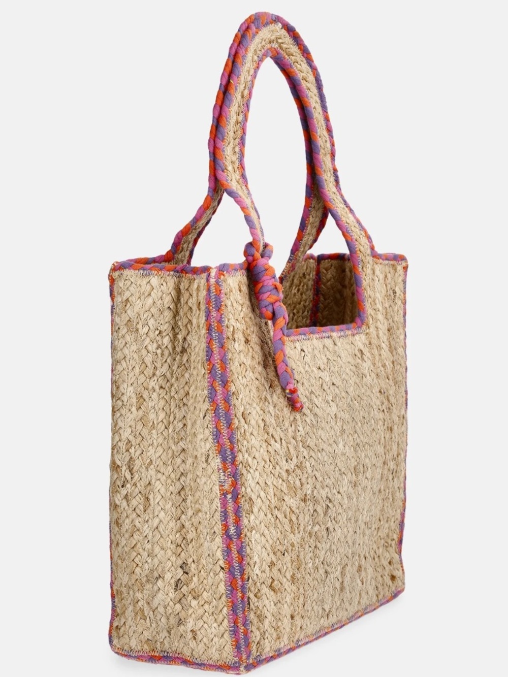 NOBO Large Woven Natural Straw Jute Tote with Pink & Purple Trim